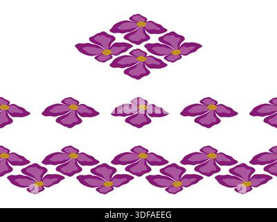 Il set di geometria esalta l'elemento di progettazione isolato. Elemento fiore fucsia rosa. Illustrazione floreale con bordi senza cuciture. Elementi ornamentali fantasia. Illustrazione Vettoriale