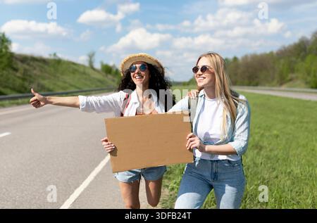 Due amiche che si divertono a cavalcare liberamente, tenendo un cartello di cartone vuoto con il mockup, fermando l'auto su strada, spazio libero Foto Stock