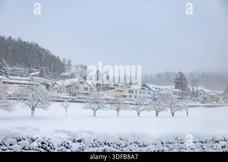 Case e alberi ricoperti di neve sul lato del monte Uetliberg a Waldegg, Svizzera, meraviglie invernali dopo nevicate fresche vicino a Zurigo Foto Stock