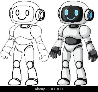 Robot umanoide cartoon in line art e a colori, stile vettoriale pulito, sfondo bianco Illustrazione Vettoriale