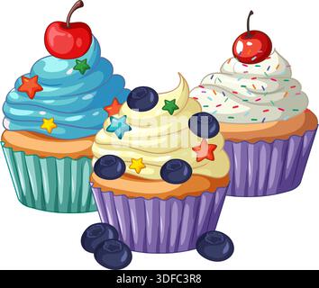 Illustrazione vettoriale di tre cupcake con glassa colorata, spruzzi, ciliegie e mirtilli su sfondo bianco Illustrazione Vettoriale