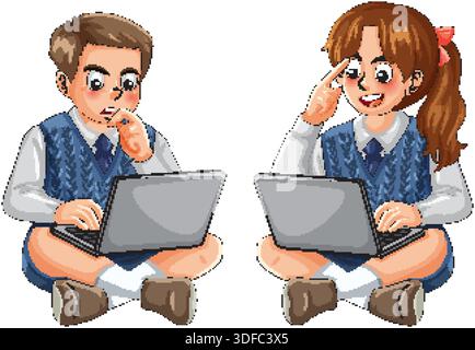 Scolaro e studentessa dei cartoni animati seduti a gambe incrociate con computer portatili, illustrazione vettoriale piatta e colorata Illustrazione Vettoriale