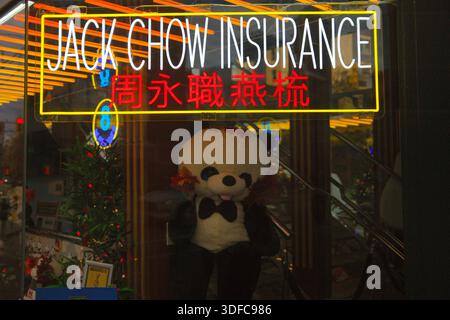Una vetrina di panda e neon presso la Jack Chow Insurance in West Pender Street a Chinatown, Vancouver, British Columbia. Foto Stock
