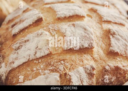 Pane artigianale appena sfornato con crosta dorata e spolveratura di farina sulla superficie Foto Stock