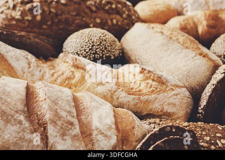 Pane artigianale appena sfornato esposto in un ambiente caldo e invitante presso una panetteria Foto Stock