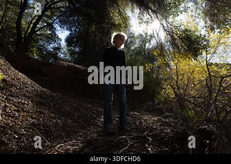 Una donna cammina lungo un sentiero ombreggiato sotto gli alberi di quercia nel Malibu Creek State Park, California, con la luce del sole che filtra attraverso il baldacchino del bosco. Foto Stock