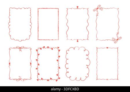 Set vintage con cornice rosa con nastri e Nubes. Cornici a doodle decorative e alla moda con linee d'arte ondulate e stravaganti, cuori e archi Illustrazione Vettoriale