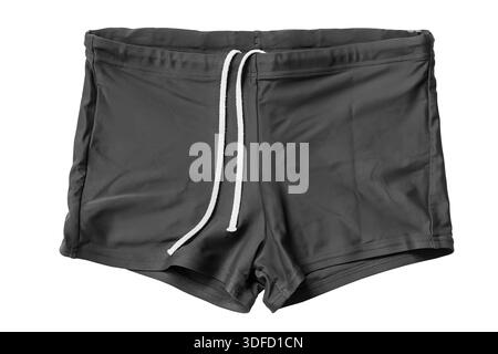 Pantaloncini da nuoto sportivi neri con lacci bianchi isolati sul bianco Foto Stock