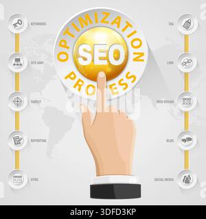 Concetto SEO (Search Engine Optimization) con pulsanti, icone e mano. Modello vettoriale. Illustrazione Vettoriale