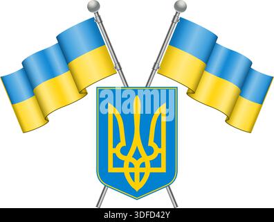 Bandiera e stemma Ucraina, vettore isolato su sfondo bianco Illustrazione Vettoriale