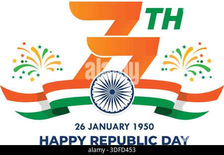 77° Festa della repubblica dell'India Design celebrativo con nastro tricolore e Ashoka Chakra Illustrazione Vettoriale