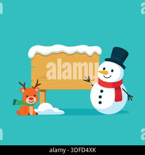 Simpatico pupazzo di neve e renne con cartello in legno bianco Illustrazione Vettoriale