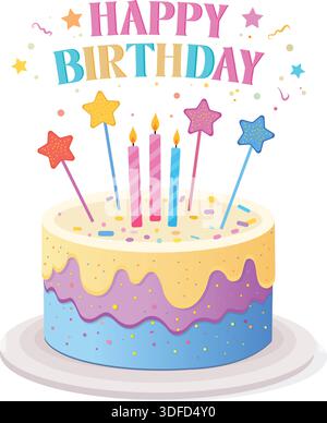 Illustrazione della torta di buon compleanno con candele, stelle e feste colorate Illustrazione Vettoriale
