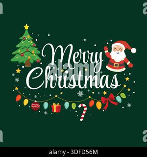 Buon Natale Natale festivo sfondo di benvenuto con Babbo Natale, albero e decorazione Illustrazione Vettoriale