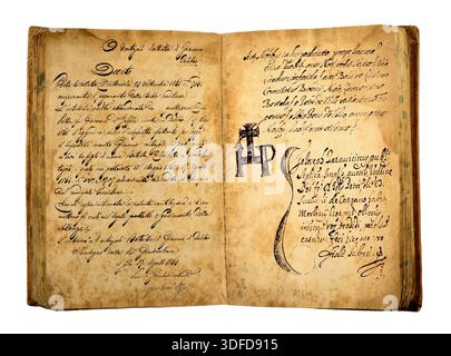 Vintage vecchio libro aperto isolata su sfondo bianco Foto Stock