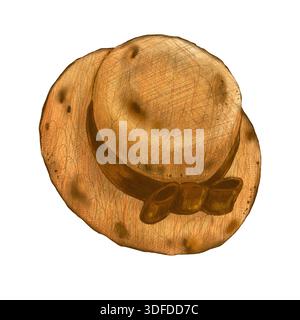 Cappello di paglia da uomo, fiocco a nastro marrone in stile vintage retrò. Disegnato a mano con matite colorate, illustrazione isolata. Per riviste e disegni di moda, cl Foto Stock