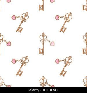 Un motivo senza cuciture con chiavi vintage adornate da piccoli cuori rosa su catene. Perfetto per l'imballaggio di carta, tessuti e cancelleria Foto Stock