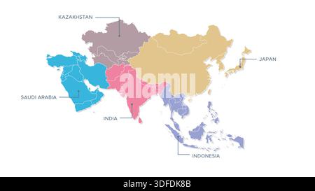 Mappa pianeggiante dell'Asia con tutti i paesi Illustrazione Vettoriale