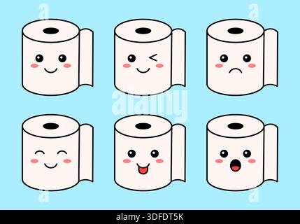 Carini personaggi di carta igienica con divertenti espressioni facciali diverse. Divertente illustrazione vettoriale kawaii. ideale per adesivi, emoji. Vettore Illustrazione Vettoriale
