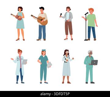 Persone in varie professioni musicisti, medici che indossano abiti diversi e che tengono oggetti diversi legati al loro lavoro. Illustrazione Vettoriale