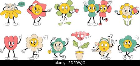 Personaggi floreali in stile retrò. Fiori goffi, vivaci e divertenti mascotte floreali. Piante carine, camomilla, margherita, tulipani in vaso. Cartoon neoterico vintage Illustrazione Vettoriale