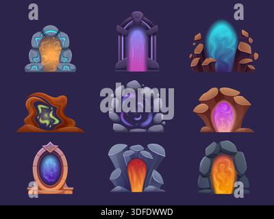 Portali magici fantasy. Cancelli scintillanti, teletrasporti con archi di pietre. Ingressi futuristici per alieni, in altri mondi o dimensioni sapid Illustrazione Vettoriale