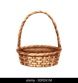 Cestello in vimini con manico lungo. Cestini vuoti, contenitore per picnic, borsa artigianale rurale per la composizione pasquale. Illustrazione disegnata a mano con acquerello Foto Stock