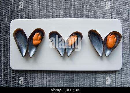 Tre piccole cozze sono elegantemente disposte su un piatto bianco. La piastra è posizionata su un tavolo grigio Foto Stock