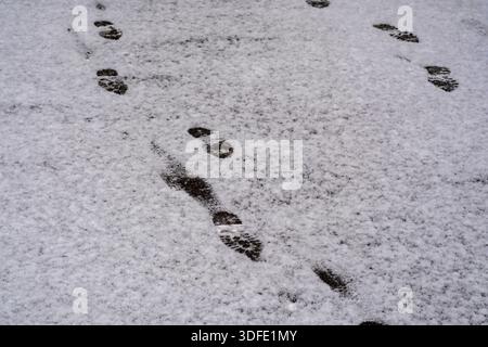 Borken, NRW, impronte umane tedesche che spingono sulla neve fresca e bianca per terra durante l'inverno Foto Stock
