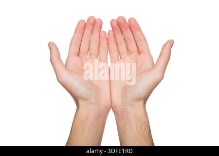 Uomo che tiene le mani in forma chiusa, ritaglio Foto Stock