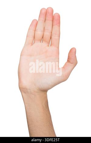 Fai cinque gesti, con il palmo aperto allungato e isolato sul bianco Foto Stock