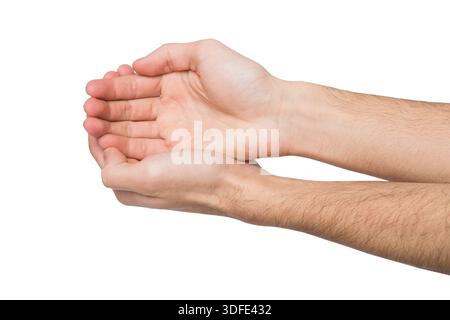 Uomo che tiene le mani in forma chiusa, ritaglio Foto Stock