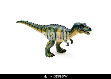 Feroci dinosauri carnivori isolati su sfondo bianco, che mostrano texture dettagliate e pose minacciose di predatori preistorici. Foto Stock