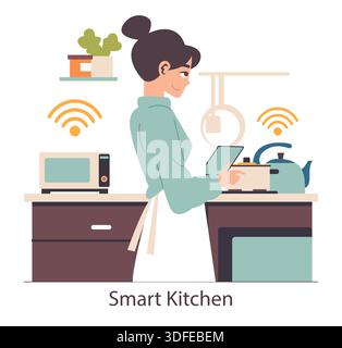 Donna che utilizza un tablet in una cucina intelligente con icone di connettività wireless visibili sugli elettrodomestici. L'illustrazione mette in evidenza l'integrazione tecnologica moderna negli ambienti domestici e la convenienza. Illustrazione Vettoriale