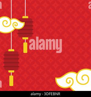 Sfondo festoso a tema cinese su uno sfondo rosso caratterizzato da lanterne tradizionali e nuvole vorticose. Illustrazione Vettoriale