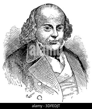 Ritratto di Pierre-Jean de Beranger - un prolifico poeta e canzoniere francese (cantautore). Illustrazione del XIX secolo. Sfondo bianco Foto Stock