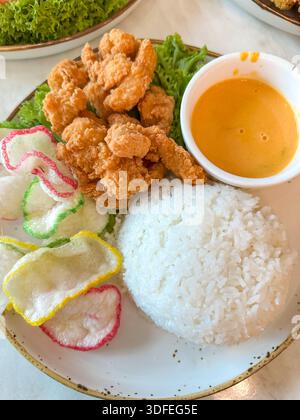 Pollo fritto malese con riso, salsa salata, cracker di gamberi e lattuga su un piatto bianco pulito. Foto Stock