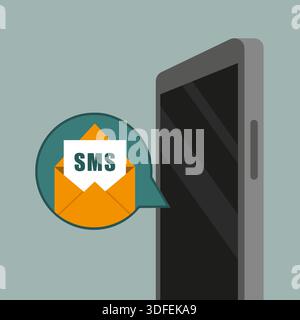 Moderno schermo per smartphone. Vettore di comunicazione mobile. Busta sms arancione. Simbolo della chat elettronica. Illustrazione Vettoriale