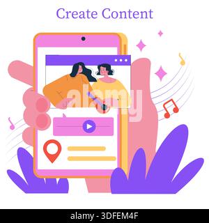 Immagine vettoriale di uno smartphone che visualizza la creazione di contenuti con due persone che interagiscono. Il design vivace con simboli musicali ed elementi di comunicazione enfatizza la creatività. Illustrazione Vettoriale