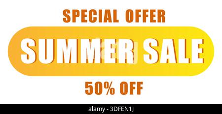 Banner di saldi estivi. Tag offerta speciale. 50% di sconto. Vettore sfondo giallo. Illustrazione Vettoriale