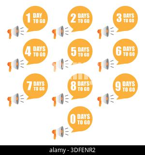 Illustrazione del timer per conto alla rovescia impostata. Etichette numero giorni. Bolle di promozione vettoriale arancioni. Tempo rimanente per la raccolta di banner. Illustrazione Vettoriale