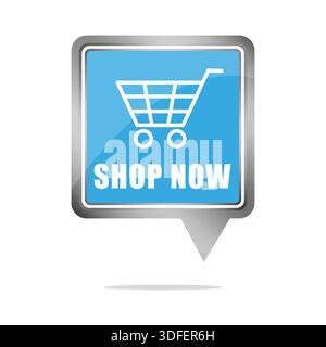 Icona carrello. Acquista ora, simbolo. Marcatore di posizione vettoriale blu. Cornice metallica lucida. Illustrazione Vettoriale