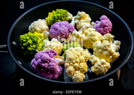 Varie verdure invernali in padella: Fiori bianchi e viola di cavolfiore (Brassica oleracea var. Botrytis) e verde, a forma di spirale romanesco (Brassica oleracea var. botrytis) Foto Stock