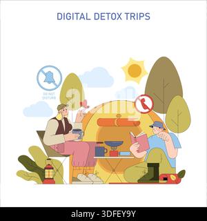 Illustrazione vettoriale di un viaggio detox digitale con due persone in campeggio senza dispositivi. Sono impegnati nella conversazione e si godono la natura, circondati da un tema "non disturbare". Illustrazione Vettoriale