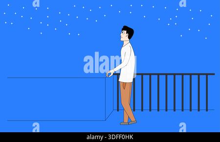Un uomo è in piedi su un balcone che guarda le stelle. L'immagine ha uno stato d'animo pacifico e contemplativo, come l'uomo sembra perdersi nel pensiero mentre Illustrazione Vettoriale