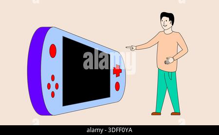 Un uomo che indica una grande console di gioco viola e blu. L'uomo indossa una camicia bianca e pantaloni verdi Illustrazione Vettoriale