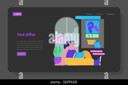 Donna seduta sul pavimento con un laptop accanto alla finestra in un ambiente moderno con interfaccia digitale. L'illustrazione vettoriale mostra un'atmosfera rilassata con elementi vivaci e colorati che esaltano un tema digitale. Illustrazione Vettoriale
