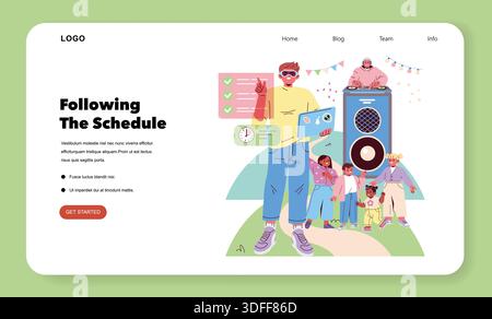 Illustrazione vettoriale che mostra un gruppo che segue una pianificazione. Una persona ha una lista di controllo e un orologio, altri si impegnano nelle vicinanze. Rappresenta l'organizzazione e il lavoro di squadra con un'atmosfera giocosa. Illustrazione Vettoriale