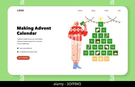 Illustrazione vettoriale di una persona allegra che assembla un calendario dell'avvento. Il progetto presenta caselle numerate a forma di albero. Ideale per progetti di vacanza e feste. Illustrazione Vettoriale