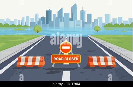 Strada allagata. Posto di blocco stradale chiuso dopo la pioggia, cartelli di avvertimento del fiume allagato barriera di sicurezza strada pioggia allarme acqua zona disastro, illustrazione vettoriale originale Illustrazione Vettoriale